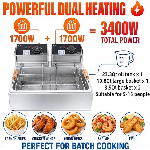 Commercial Deep Fryer with Basket, 12.7QT/12L Large Capacity Electric Oil Fryer, 3400W Stainless Steel Countertop Fryer with Temperature Control & Lids for Restaurant Home Kitchen in Kuwait