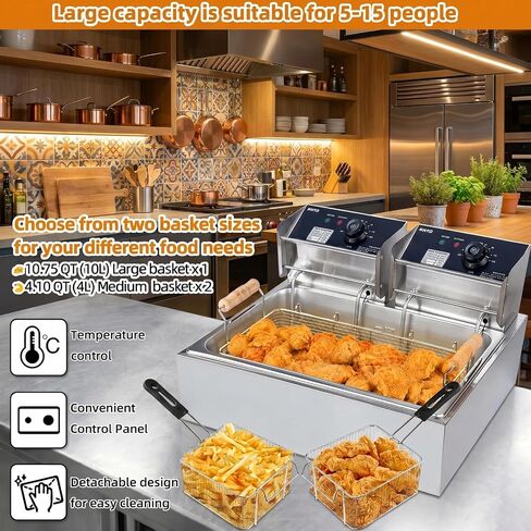 Commercial Deep Fryer with Basket, 12.7QT/12L Large Capacity Electric Oil Fryer, 3400W Stainless Steel Countertop Fryer with Temperature Control & Lids for Restaurant Home Kitchen in Kuwait