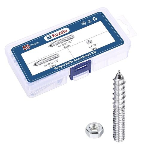 50pcs Hanger Bolts with Hex Nuts - [1/4"-20x1-1/2] Double Headed Wood Dowel Self Tapping Screw Assortment Kit for Furniture, Silvery Zinc Coating in Kuwait