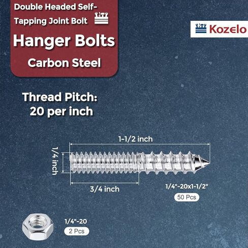 50pcs Hanger Bolts with Hex Nuts - [1/4"-20x1-1/2] Double Headed Wood Dowel Self Tapping Screw Assortment Kit for Furniture, Silvery Zinc Coating in Kuwait