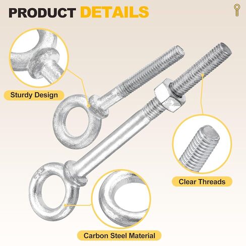 METALLIXITY Shoulder Eye Bolt (1/2"x6") 1Pcs, Carbon Steel Machinery Lifting Ring Threaded Eye Bolt - for Load Hoisting, White in Kuwait