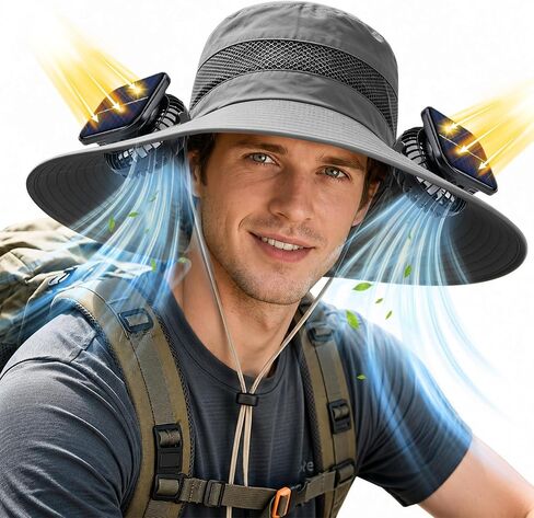Solar Fan Hat, UPF 50+ Wide Brim Sun Hat with 2 Fans, Solar & USB Rechargeable, 3 Speeds for Fishing/Camping/Hiking/Gardening in Kuwait