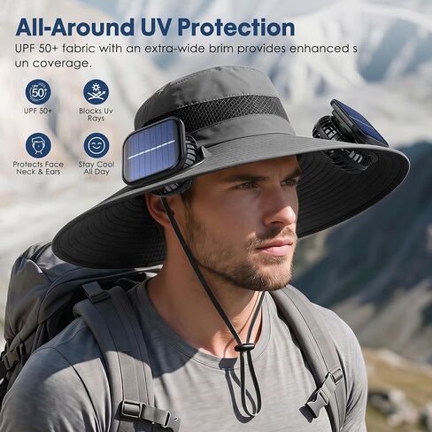 Solar Fan Hat, UPF 50+ Wide Brim Sun Hat with 2 Fans, Solar & USB Rechargeable, 3 Speeds for Fishing/Camping/Hiking/Gardening in Kuwait