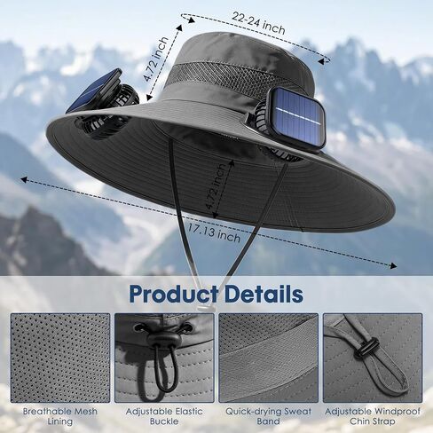 Solar Fan Hat, UPF 50+ Wide Brim Sun Hat with 2 Fans, Solar & USB Rechargeable, 3 Speeds for Fishing/Camping/Hiking/Gardening in Kuwait