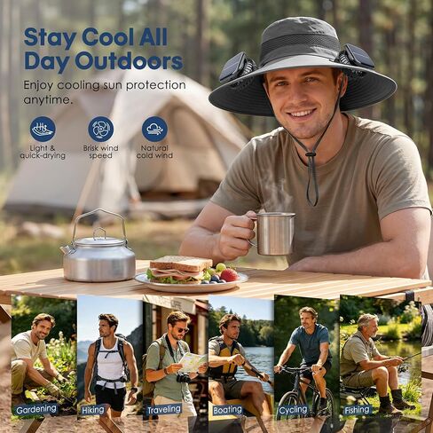Solar Fan Hat, UPF 50+ Wide Brim Sun Hat with 2 Fans, Solar & USB Rechargeable, 3 Speeds for Fishing/Camping/Hiking/Gardening in Kuwait