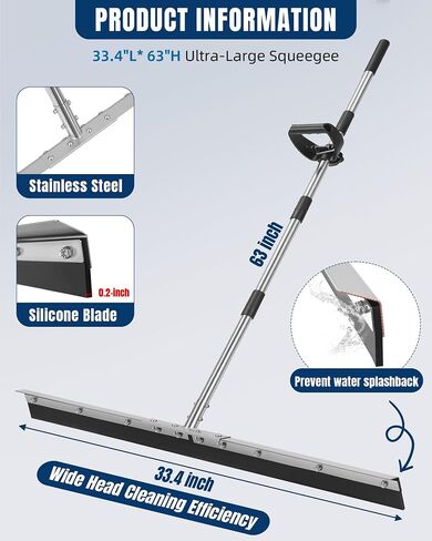 33.4" Large Floor Squeegee for Concrete, Heavy Duty Silicone Blade Squeegee for Floor, Ergonomic D-Handle with Anti-Splash Stainless Steel Curved Baffle for Warehouse Workshop Outdoor in Kuwait