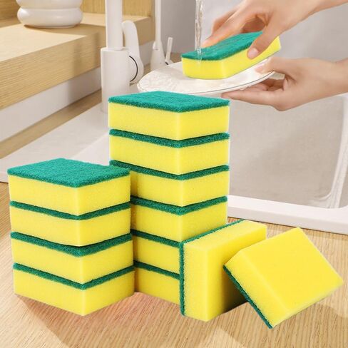 12-Pack Anti-Scratch Kitchen Sponges – Durable Dish Sponges for Dishes, Pots, and Pans, Perfect for Cleaning Stainless Steel, Dishwashing, and More, Green & Yellow in Kuwait