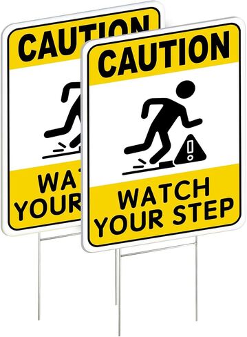 2PC Watch Your Step Sign with Metal Stakes, 12.6"x9.4" - Corrugated Plastic Double Sided - Caution Please Watch Your Step Sign Outdoor in Kuwait