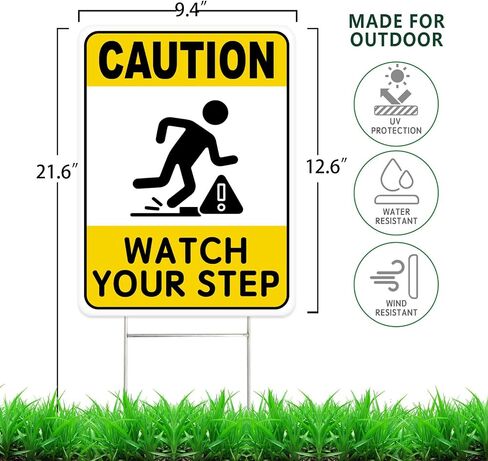 2PC Watch Your Step Sign with Metal Stakes, 12.6"x9.4" - Corrugated Plastic Double Sided - Caution Please Watch Your Step Sign Outdoor in Kuwait