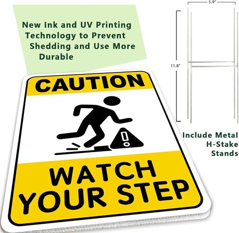 2PC Watch Your Step Sign with Metal Stakes, 12.6"x9.4" - Corrugated Plastic Double Sided - Caution Please Watch Your Step Sign Outdoor in Kuwait