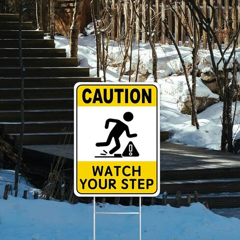 2PC Watch Your Step Sign with Metal Stakes, 12.6"x9.4" - Corrugated Plastic Double Sided - Caution Please Watch Your Step Sign Outdoor in Kuwait