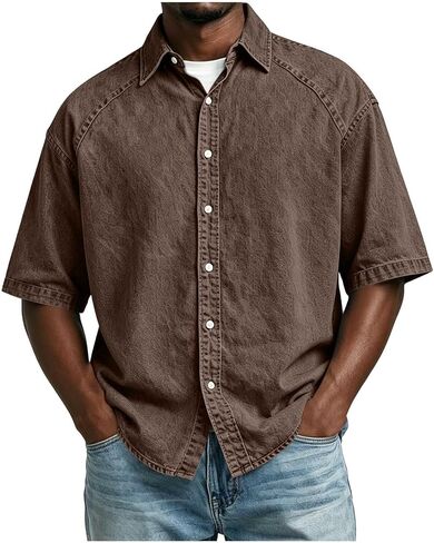 Mens Button Down Shirts Short Sleeve Collared T-Shirt Lightweight Loose Fit Shirts Summer Casual Solid Color Shirt in Kuwait