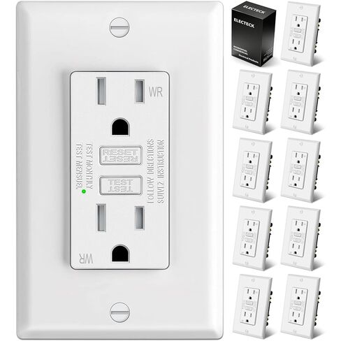 ELECTECK 10 منافذ GFCI 15 أمبير، مقاومة للطقس الخارجي (WR)، أوعية GFI فائقة النحافة مع مؤشر LED، قاطع دائرة الأعطال الأرضية، لوحة حائط متضمنة، قائمة ETL، أبيض in Kuwait