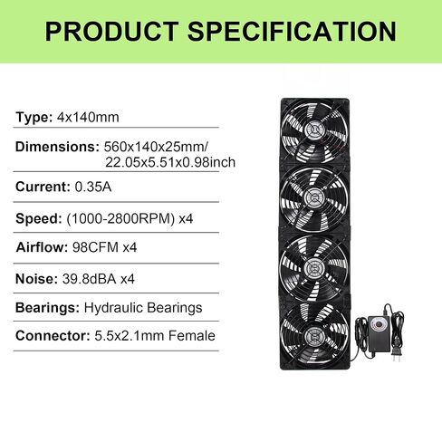 4x140mm 560mm 22.05inch Upgraded Adjustable Speed Computer PC Vent Cooling Fans with Magnetic Screw Kits for Cabinet, Server, Mining Rig, Chicken Coop and More in Kuwait
