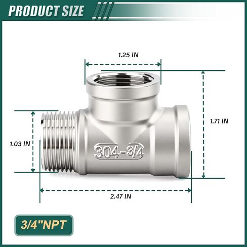 GORUGUCHI 2PCS 3/4 Inch NPT 304 Stainless Steel Tee Fitting, 3 Way Connector with 2 Female 1 Male Threads for Fuel/Air/Water/Gas/Oil in Kuwait