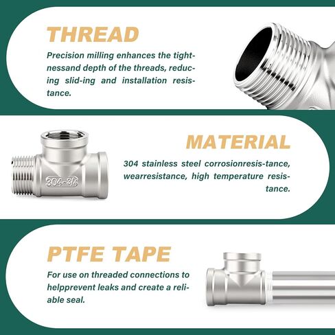 GORUGUCHI 2PCS 3/4 Inch NPT 304 Stainless Steel Tee Fitting, 3 Way Connector with 2 Female 1 Male Threads for Fuel/Air/Water/Gas/Oil in Kuwait