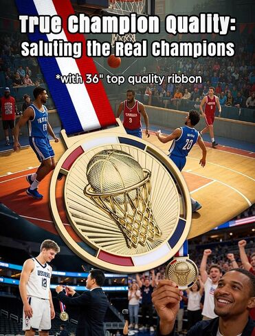 6PCS Basketball Medal with Ribbon - 3'' Heavy Duty Basketball Award Necklace for Basketball Game Match‌ Competition‌ Contest‌ in Kuwait