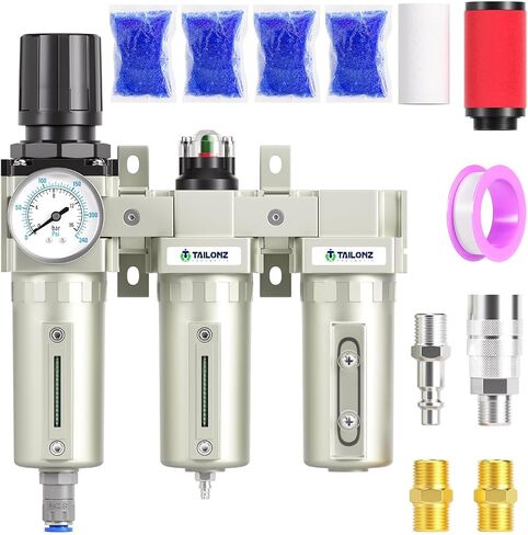 TAILONZ PNEUMATIC 0-240PSI 1/2 Inch NPT Grade Three Stage Industrial Air Drying System, Particulate Filter, Coalescing Filter, Desiccant Dryer and Air Regulator (Automatic Drainage） in Kuwait