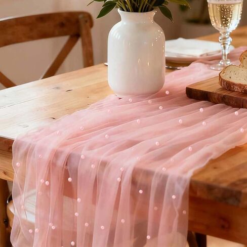 WELTRXE Pearl Table Runner Tulle 30x120 Inch 10FT Long, Pink Gauze Table Runners, Rustic Boho for Wedding Arch Birthday Party Bridal Veil Baby Shower Decorations in Kuwait