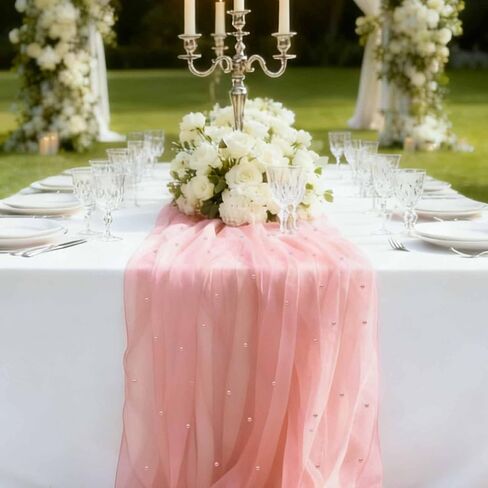 WELTRXE Pearl Table Runner Tulle 30x120 Inch 10FT Long, Pink Gauze Table Runners, Rustic Boho for Wedding Arch Birthday Party Bridal Veil Baby Shower Decorations in Kuwait