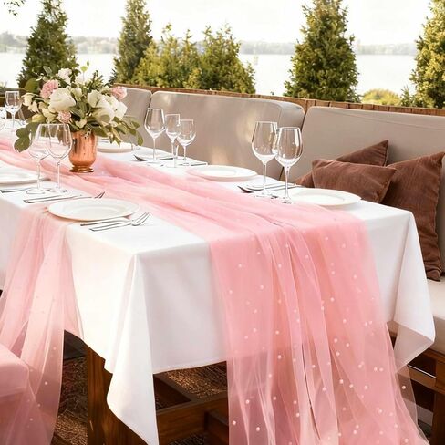 WELTRXE Pearl Table Runner Tulle 30x120 Inch 10FT Long, Pink Gauze Table Runners, Rustic Boho for Wedding Arch Birthday Party Bridal Veil Baby Shower Decorations in Kuwait