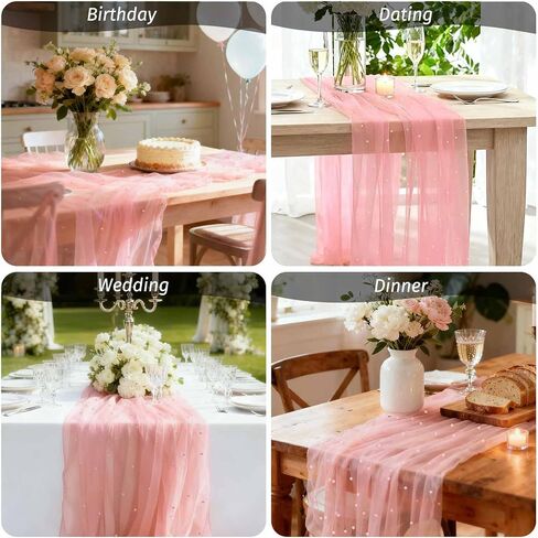 WELTRXE Pearl Table Runner Tulle 30x120 Inch 10FT Long, Pink Gauze Table Runners, Rustic Boho for Wedding Arch Birthday Party Bridal Veil Baby Shower Decorations in Kuwait