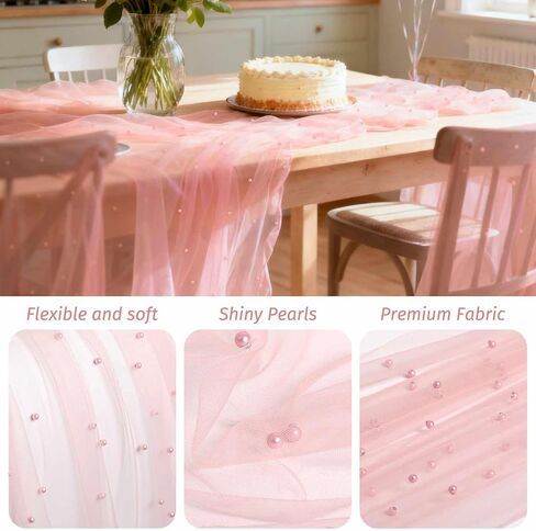 WELTRXE Pearl Table Runner Tulle 30x120 Inch 10FT Long, Pink Gauze Table Runners, Rustic Boho for Wedding Arch Birthday Party Bridal Veil Baby Shower Decorations in Kuwait