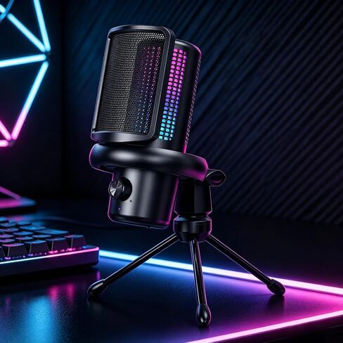 ميكروفون USB، ميكروفون مكثف للكمبيوتر مع خاصية إلغاء الضوضاء، وضع الصدى، إضاءة RGB، زر كتم الصوت، ميكروفون ألعاب التوصيل والتشغيل للكمبيوتر الشخصي، Mac، PS5، البث، التسجيل، البث الصوتي والاجتماعات عبر الإنترنت in Kuwait
