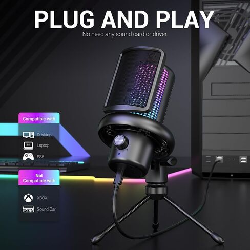 ميكروفون USB، ميكروفون مكثف للكمبيوتر مع خاصية إلغاء الضوضاء، وضع الصدى، إضاءة RGB، زر كتم الصوت، ميكروفون ألعاب التوصيل والتشغيل للكمبيوتر الشخصي، Mac، PS5، البث، التسجيل، البث الصوتي والاجتماعات عبر الإنترنت in Kuwait