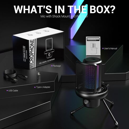 ميكروفون USB، ميكروفون مكثف للكمبيوتر مع خاصية إلغاء الضوضاء، وضع الصدى، إضاءة RGB، زر كتم الصوت، ميكروفون ألعاب التوصيل والتشغيل للكمبيوتر الشخصي، Mac، PS5، البث، التسجيل، البث الصوتي والاجتماعات عبر الإنترنت in Kuwait