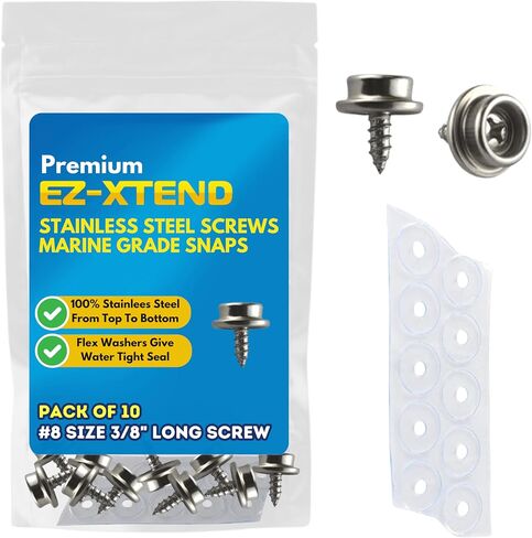 براغي EZ-Xtend من الفولاذ المقاوم للصدأ من الدرجة البحرية 3/8 بوصة #8 كبس لغطاء القارب. تتضمن مجموعة الأزرار المميزة 10 قطع من أدوات التثبيت اللولبية، و10 أدوات تثبيت مرنة من الفينيل الشفاف من مادة PVC in Kuwait