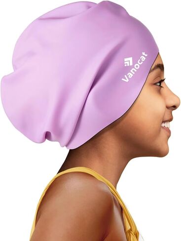 Extra Large Big Kid Swim Hat – Stretchy Silicone Cap Fits All Day, for Long Thick Curly Hair, Braids & Dreads, Teens Tweens Boys Girls-Light Violet in Kuwait