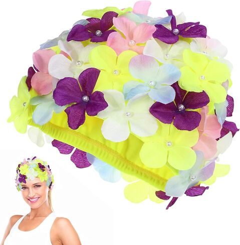 Swim Floral Petal Hat, Colorful Nylon Swim Cap, Women Stylish Bathing Swimming Cap Anti Skid Snorkeling Water Aerobics in Kuwait