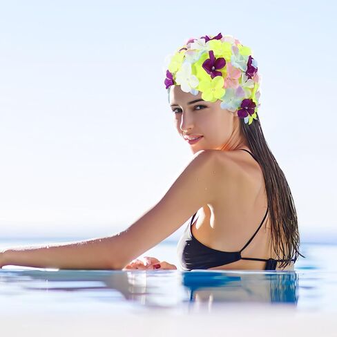 Swim Floral Petal Hat, Colorful Nylon Swim Cap, Women Stylish Bathing Swimming Cap Anti Skid Snorkeling Water Aerobics in Kuwait