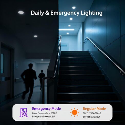 مصباح LED للطوارئ مقاس 6 بوصات من dephen مع بطارية احتياطية لمدة 90 دقيقة، إضاءة سفلية دائرية رفيعة للغاية 5CCT 2700-5000K، 9W/12W/15W، إضاءة سقف تجارية قابلة للضبط in Kuwait