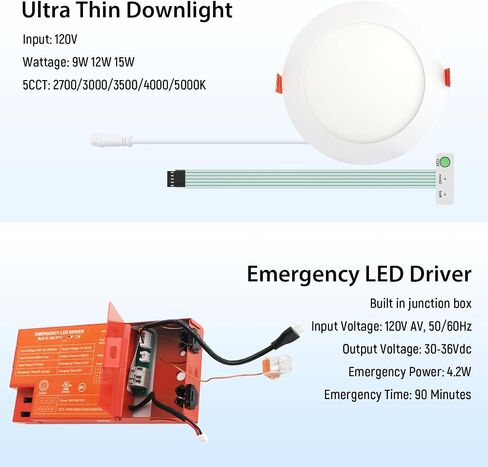 مصباح LED للطوارئ مقاس 6 بوصات من dephen مع بطارية احتياطية لمدة 90 دقيقة، إضاءة سفلية دائرية رفيعة للغاية 5CCT 2700-5000K، 9W/12W/15W، إضاءة سقف تجارية قابلة للضبط in Kuwait