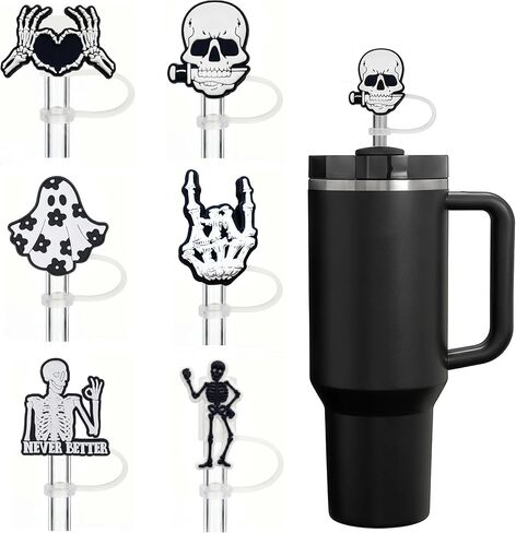 6Pcs Spooky Straw Covers for Stanley Cup, Halloween Straw Toppers | Skull Silicone Straw Cover Cap for Tumblers , Reusable Dust-Proof 10mm Straw Accessories for Halloween, Gothic Decor in Kuwait