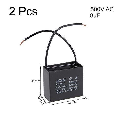 uxcell Ceiling Fan Capacitor CBB61 8uF 500V AC 2 Wires Metalized Polypropylene Film Capacitors 47x20x41mm for Water Pump Motor Generator, Pack of 2 in Kuwait