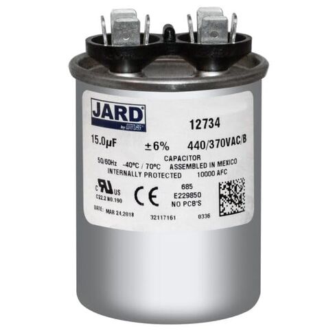 15 uF x 370 or 440 VAC Round Run Capacitor by # 12734 in Kuwait
