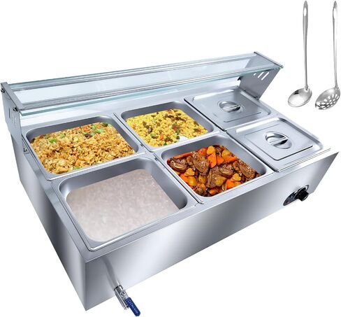 6-Pan Commercial Food Warmer, 72 Qt Electric Steam Table, Stainless Steel Bain Marie with Tempered Glass Cover, 1500W Countertop Food Warmer 86-185°F Temp Control for Catering, Restaurant, Silver in Kuwait