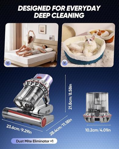 SAKERNEO Powerful Bed Vacuum Cleaner with Digital Display, 5-Cyclone Filtration, 14kPa Strong Suction, HEPA Filter, Handheld Vacuum for Mattress, Carpet, Sofa and Pet Hair in Kuwait