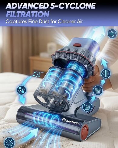 SAKERNEO Powerful Bed Vacuum Cleaner with Digital Display, 5-Cyclone Filtration, 14kPa Strong Suction, HEPA Filter, Handheld Vacuum for Mattress, Carpet, Sofa and Pet Hair in Kuwait