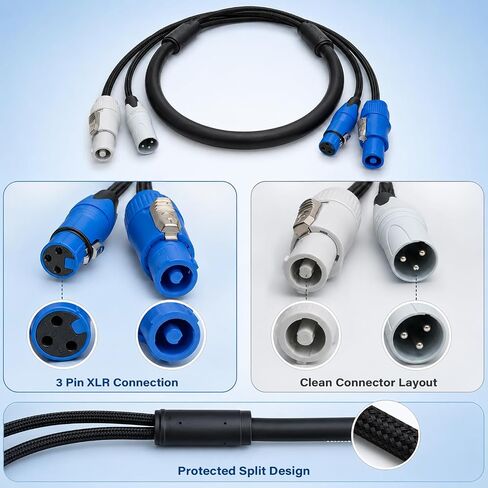 AMIMA 3x2.5mm² Powercon إلى Powercon & 3-Pin XLR ذكر إلى أنثى كابل هجين، طاقة احترافية وDMX/سلك كومبو إشارة الصوت لإضاءة المسرح، مكبرات الصوت النشطة (78.74 بوصة) in Kuwait