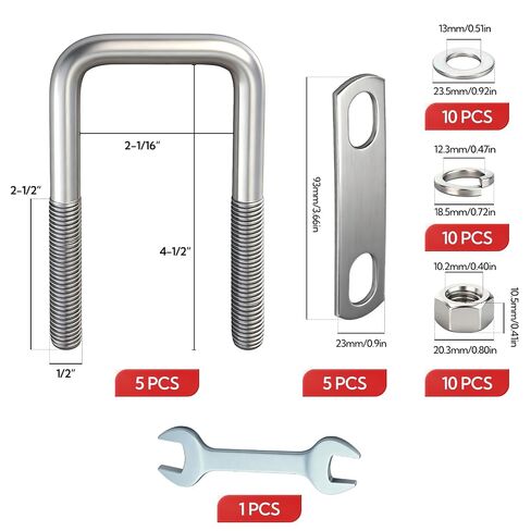 5Sets M12 Thread Heavy Duty Square U-Bolts, 4-1/2" L x 2-1/16" W, 304 Stainless Steel U-Bolts with Bolt Plate Washers Nuts and Wrench in Kuwait