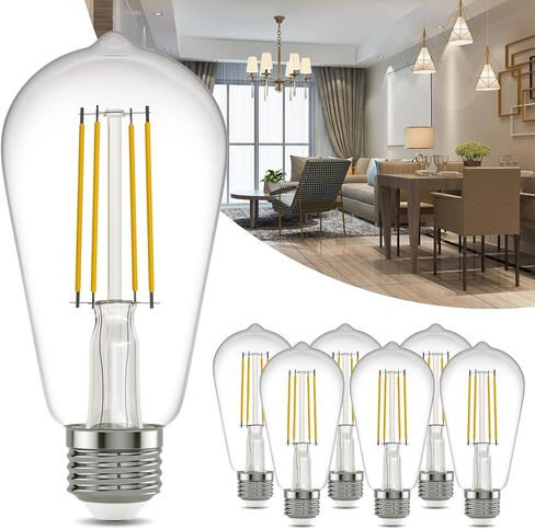 مصابيح Kawaya E26 LED Edison: مصابيح LED قابلة للتعتيم بقدرة 6 وات تعادل 60 وات - مصابيح دافئة عتيقة 2700k 800 لومن لمبات خيوط عالية السطوع مع 90+ CRI - زجاج شفاف، 6 عبوات in Kuwait