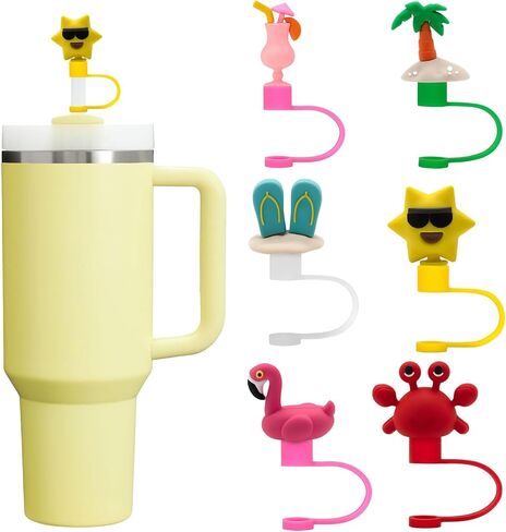 3D Summer Stanley Straw Covers for Stanley Cup, Ocean Beach Straw Toppers for Stanley, Cute Cartoon Food Grade Silicone Topper, Stereoscopic Reusable Straws Cap Stopper for 0.4Inch/10mm 6PCS in Kuwait