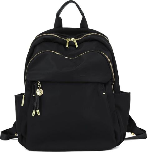 حقيبة ظهر متوسطة الحجم للنساء، حقيبة نهارية عصرية من النايلون مع أجزاء صلبة ذهبية، حقيبة ظهر خفيفة الوزن مقاومة للماء للكلية والعمل والسفر والاستخدام اليومي، تناسب أجهزة الكمبيوتر المحمول مقاس 13-14 بوصة (أسود، متوسط) in Kuwait