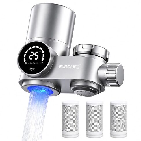 Combo Eurolife Faucet Mount Water Filter EL-LS-A13, LED Sink Water Filter with UV Light and Real Time Filter Life Indicator, Carbon Filter 8 Level fine Filtration, Extra More 2 Carbon Filter Included in Saudi Arabia