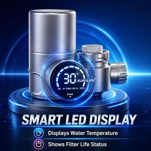Combo Eurolife Faucet Mount Water Filter EL-LS-A13, LED Sink Water Filter with UV Light and Real Time Filter Life Indicator, Carbon Filter 8 Level fine Filtration, Extra More 2 Carbon Filter Included in Saudi Arabia