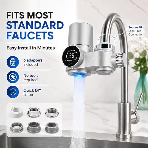 Combo Eurolife Faucet Mount Water Filter EL-LS-A13, LED Sink Water Filter with UV Light and Real Time Filter Life Indicator, Carbon Filter 8 Level fine Filtration, Extra More 2 Carbon Filter Included in Saudi Arabia